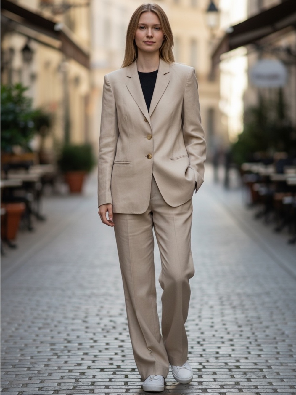 Tahari Beige Tailored Wide-Leg Trousers